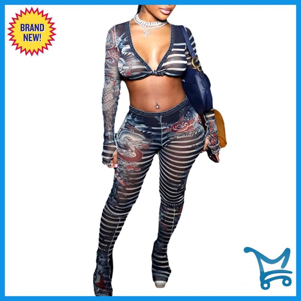 Sexy Lace Two Piece Set Long Sleeve See Through Bodycon Jumpsuit Clubwear